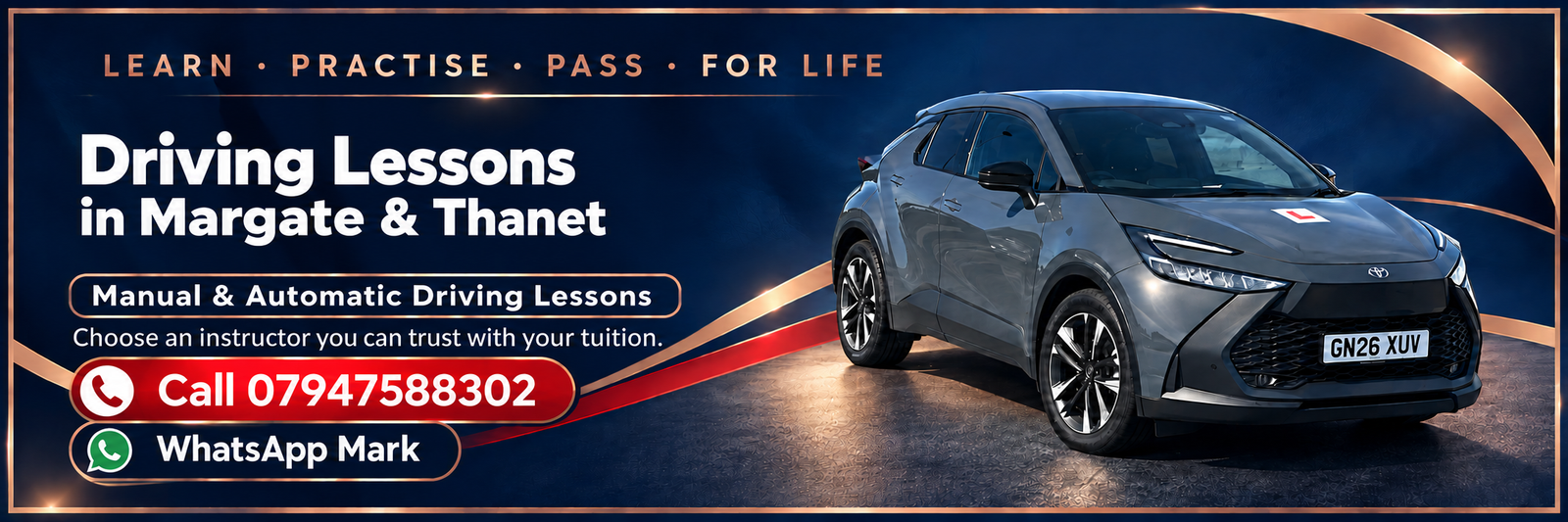 Learning Curve Driving Lessons in Margate and Thanet. Manual and automatic lessons with Mark's grey learner car.